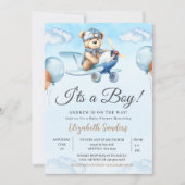 Blue Airplane Teddy Bear Baby Shower Invitation (Devant)
