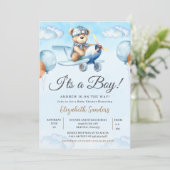 Blue Airplane Teddy Bear Baby Shower Invitation (Debout devant)