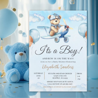 Blue Airplane Teddy Bear Baby Shower Invitation Kaart