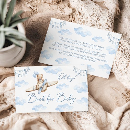 Blue Airplane Teddy Bear Bow Book voor Baby shower Informatiekaartje