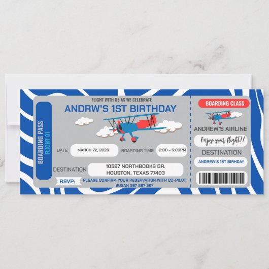 Blue Airplane Ticket Uitnodiging voor verjaardagsf (Voorkant)