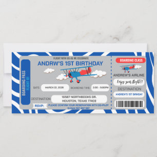 Blue Airplane Ticket Uitnodiging voor verjaardagsf