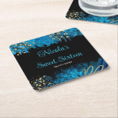 Blue Alcohol Ink Sweet 16 Birthday Party Vierkante Kartonnen Onderzetter (Schuin)