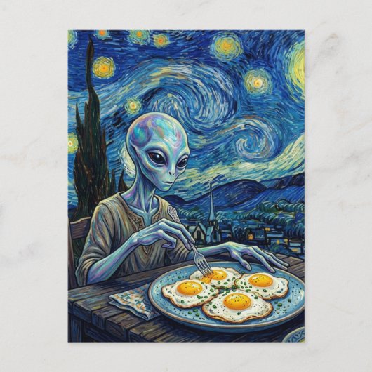 Blue Alien Eating Fried Eggs Faux Van Gogh Briefkaart (Voorkant)