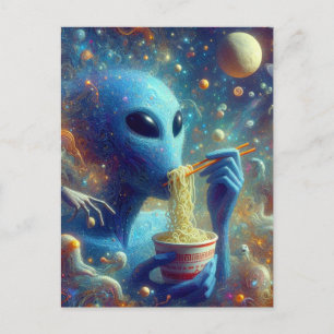 Blue Alien Eating Noodles Briefkaart