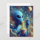 Blue Alien Eating Noodles Briefkaart (Voorkant / Achterkant)