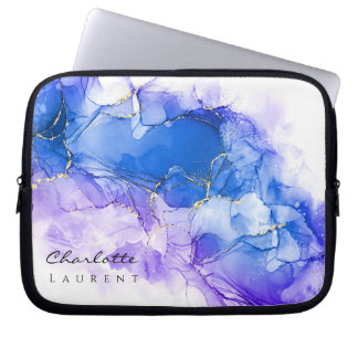 Blue Amethist Waterverf Gouden Glitter Laptop Sleeve
