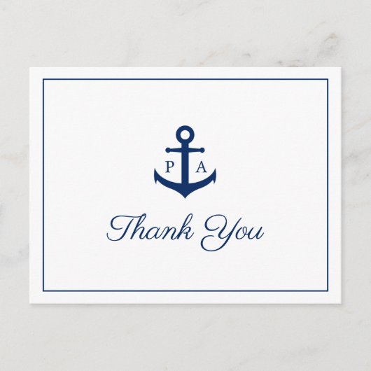 Blue Anchor Monogram Nautical Wedding Bedankt Briefkaart (Voorkant)
