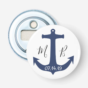 Blue Anchor Nautical Wedding Initialen and Date Button Flesopener