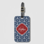 Blue Anchor Pattern Red Monogram Bagagelabel (Voorkant (verticaal))