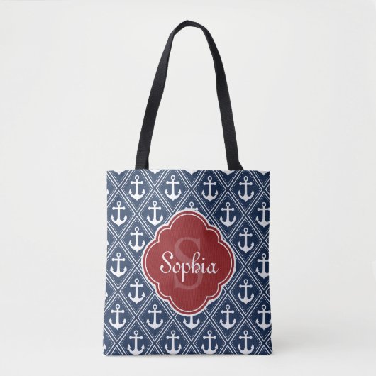 Blue Anchor Pattern Red Monogram Draagtas (Voorkant)