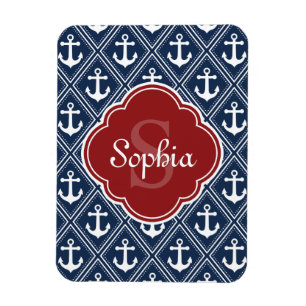 Blue Anchor Pattern Red Monogram Magneet