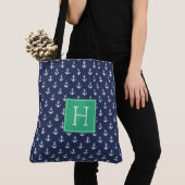 Blue Anchors Pattern en Green Monogram Tote Bag (Dichtbij)