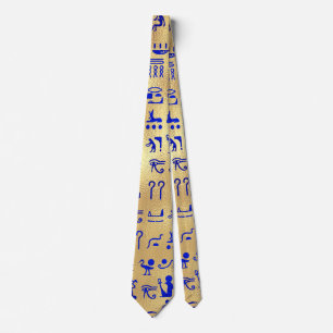 Blue Ancient Egyptian Hieroglyphics Art over goud Stropdas