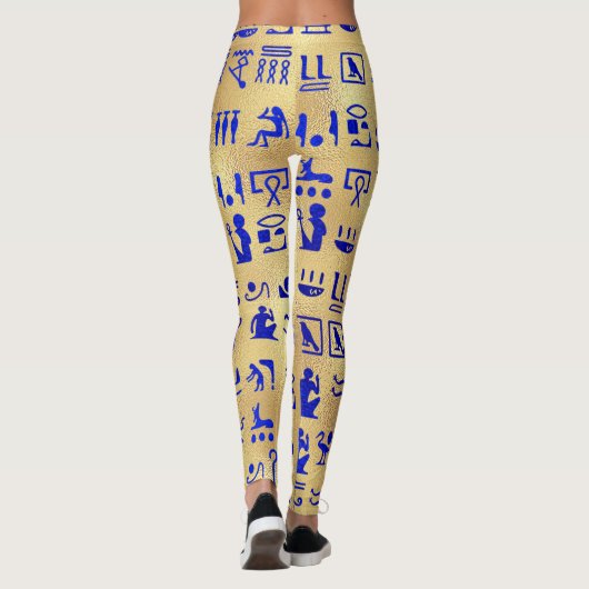 Blue Ancient Egyptian Hieroglyphics on Gold Leggings (Achterkant)