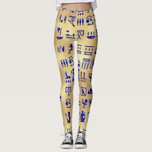 Blue Ancient Egyptian Hieroglyphics on Gold Leggings
