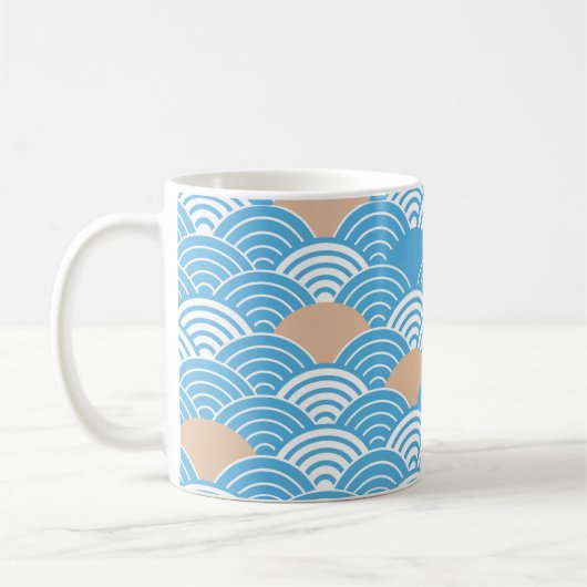 Blue and Beige Japanese Wave Pattern Koffiemok (Links)