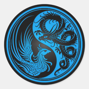 Blue and Black Dragon Phoenix Yin Yang Ronde Sticker