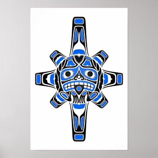 Blue and Black Haida Sun Mask on White Poster (Voorkant)