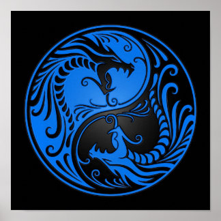 Blue and Black Yin Yang Dragons Poster