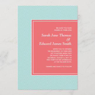 Blue and Coral Chevron Wedding Invitation Kaart