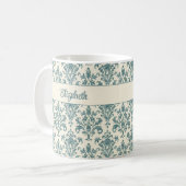 Blue and Cream  Damask Custom Name Koffiemok (Voorkant links)