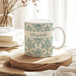 Blue and Cream  Damask Custom Name Koffiemok