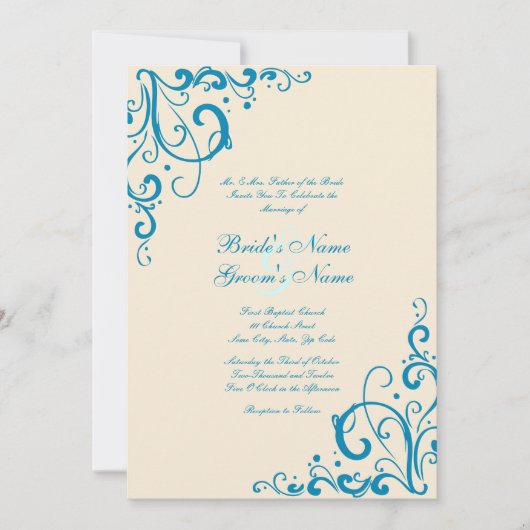 Blue and Cream Flourish Wedding Invitation Kaart (Voorkant)
