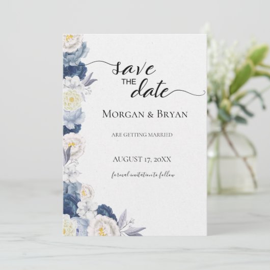 Blue and Cream Waterverf Save-the-Date Invitation Kaart (Staand voorkant)
