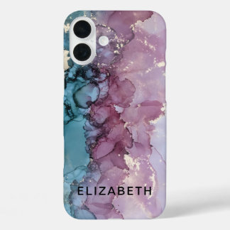 blue and dusty pink gold marble  personalized  iPhone 16 plus hoesje