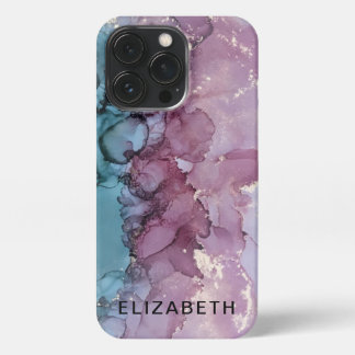 blue and dusty pink gold marble personalized  iPhone 13 pro hoesje
