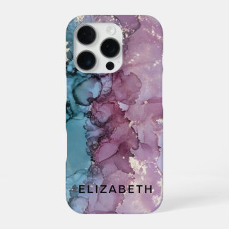 blue and dusty pink gold marble  personalized  iPhone 16 pro hoesje