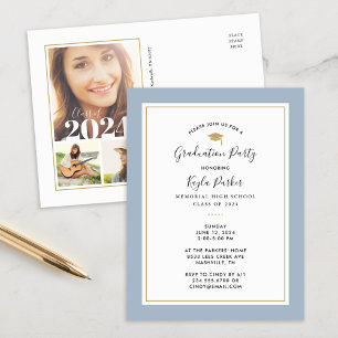 Blue and Gold 3 Photo Graduparty Invitation Aankondigingskaart