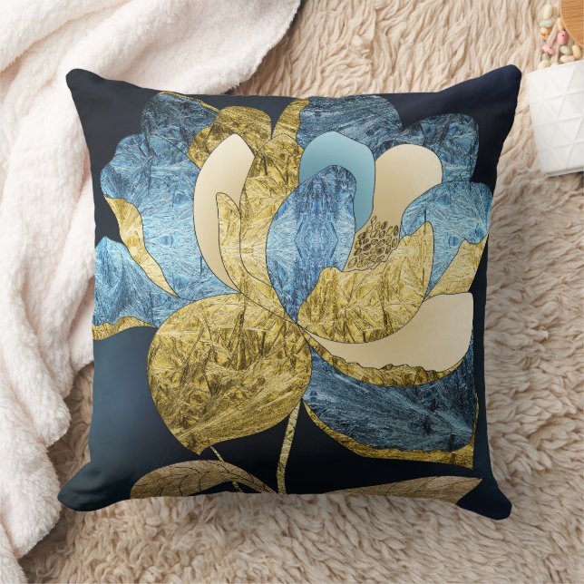 Blue and Gold Abstract Flower with Textured Petals Kussen (Deken)
