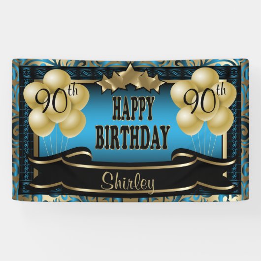 Blue and Gold Abstract Happy 00th Birthday Spandoek (Horizontaal)