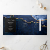 Blue and Gold Agate Wedding Tri-Fold Uitnodiging (Binnen)