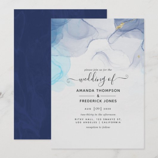 Blue and Gold Alcohol Ink Wedding Invitation Kaart (Voorkant / Achterkant)