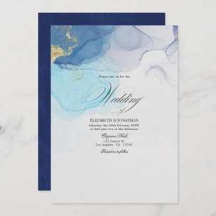 Blue and Gold Alcohol Ink Wedding Invitation Kaart