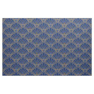 Blue and Gold Art Deco Fan Flowers Motif Stof