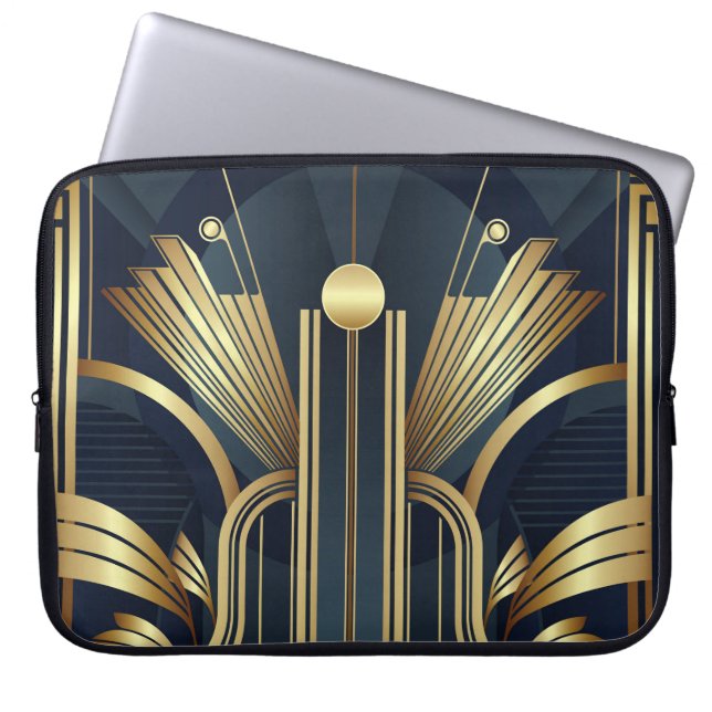 Blue And Gold Art Deco  Laptop Sleeve (Voorkant)