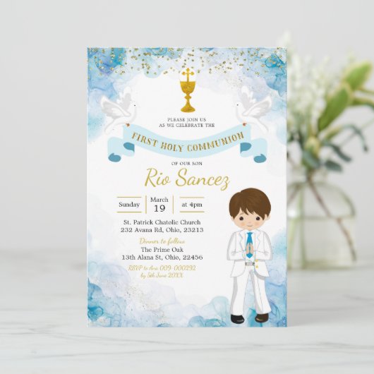 Blue and Gold boy eerste communiqué uitnodiging (Staand voorkant)