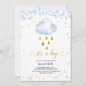 Blue and Gold Boy Rainchard Baby shower Invitation Kaart (Voorkant)