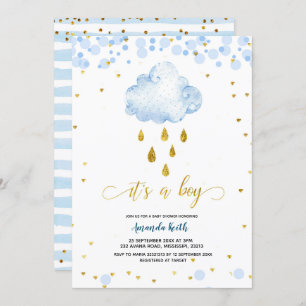 Blue and Gold Boy Rainchard Baby shower Invitation Kaart