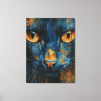 Blue and Gold Cat Modern Abstract Feline Portrait Canvas Afdruk
