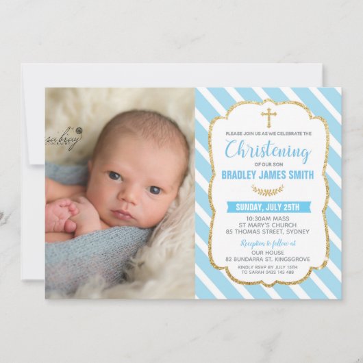 Blue and Gold Christening Baptism Baby Boy Kaart (Voorkant)
