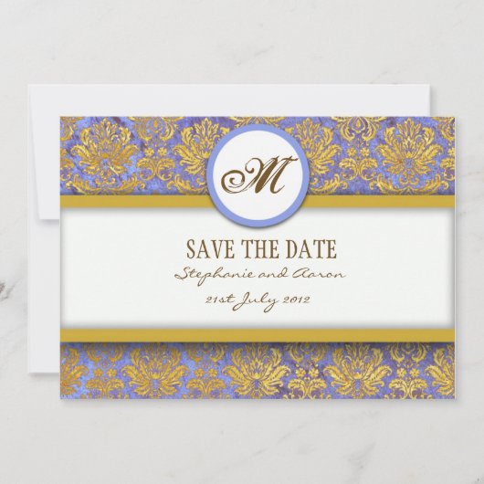 Blue and Gold Damask Monogram bewaart de Date Kaar Save The Date (Voorkant)