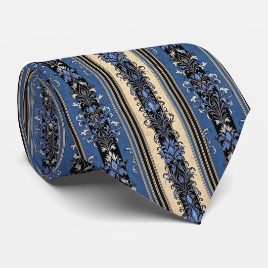 Blue and Gold Damask Stripes Stropdas (Opgerold)
