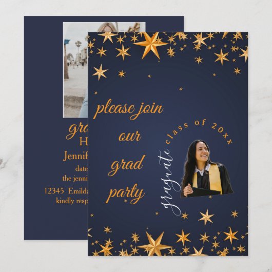 blue and gold elegant invitation (Devant / Derrière)