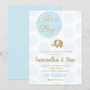 Blue and Gold Elephant Baby shower Invitation Boy Kaart