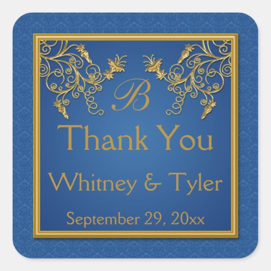 Blue and Gold Floral Damask Monogram Sticker (Voorkant)